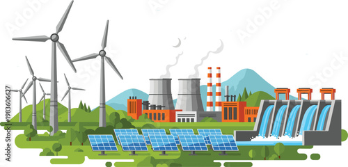 Energy Production Illustration Featuring Wind Turbines, Solar Panels, Hydroelectric Dam, and Power Plant for Sustainable Power