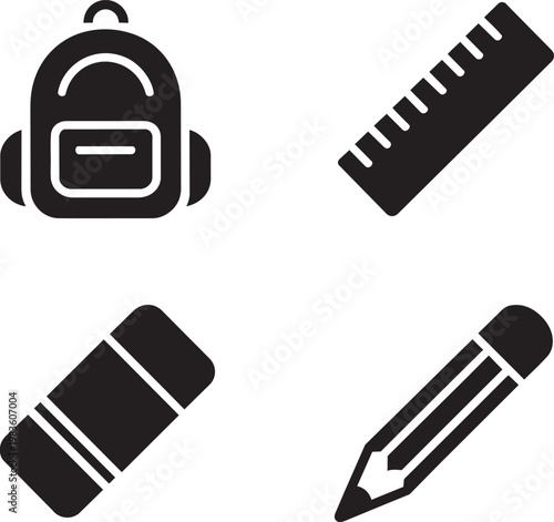 Collection of school supplies vector icons: backpack, ruler, eraser, and pencil