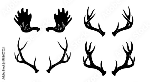 Collection of diverse antler and horn silhouettes, featuring various deer, moose, and elk racks, ideal for wildlife, hunting, or outdoor-themed graphic design projects