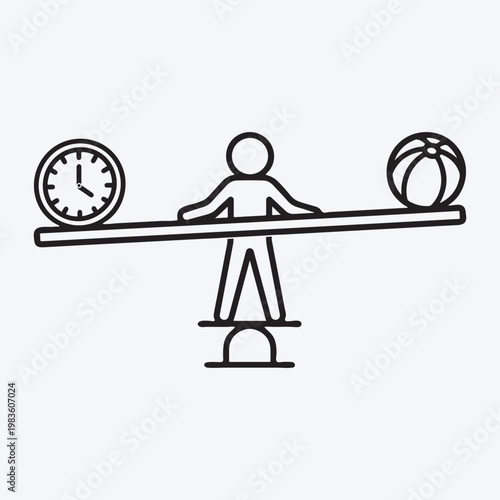 A simple seesaw illustration featuring a clock person and basketball