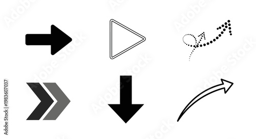 Collection of different styles and directions of directional arrows including solid black, outlined, double chevron, pointing down, dotted curve, and upward trajectory