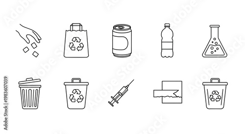 Comprehensive Line Art Icons Illustrating Waste Management, Recycling, and Sustainable Environmental Practices for Eco-Friendly Solutions