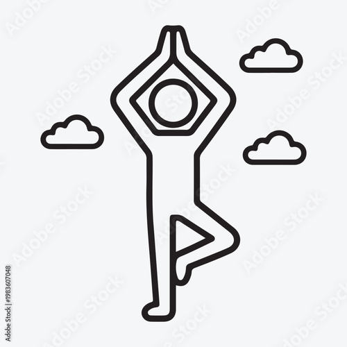 Simple line drawing of a person practicing tree pose yoga outdoors