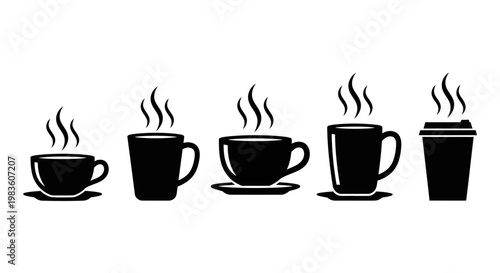 Collection of black silhouette icons depicting various coffee cups and a takeaway cup, all steaming to indicate hot beverages