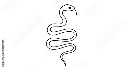 Simple black outline illustration of a coiled snake with a flickering tongue, presented as a minimalist vector graphic, perfect for diverse design projects