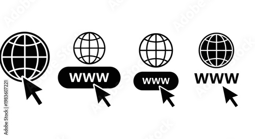 Set of four different internet icons with the World Wide Web logo and cursor pointer, symbolizing global network and digital access