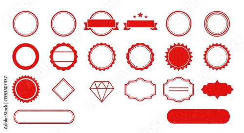 Collection of red graphic design elements, badges, and seals for branding and decorative purposes