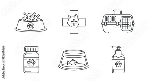 Modern Outline Icons Set for Essential Pet Care, Veterinary Services, and Animal Welfare Supplies Collection
