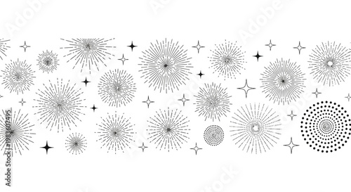 Artistic vector illustration featuring an array of abstract black and white radial starburst and sparkling elements, perfect for festive decorations and celebratory design borders