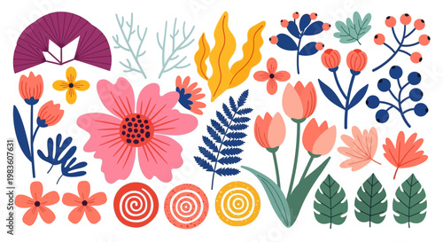 Vibrant collection of colorful flowers, leaves, and decorative elements for springtime and nature-themed designs