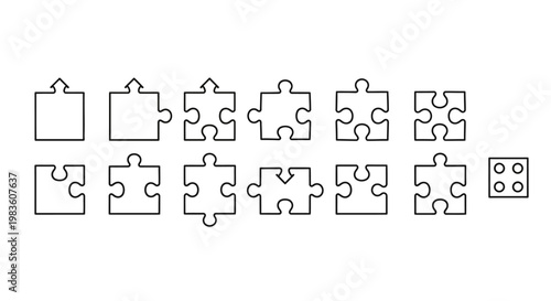 Collection of puzzle pieces and a small cube with dots, representing connection and problem-solving