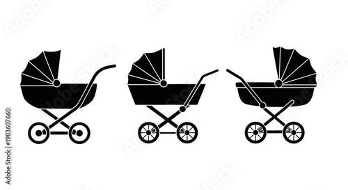 Versatile set of baby stroller icons in black silhouette, perfect for depicting infant transportation, nursery essentials, and newborn care in various graphic design projects