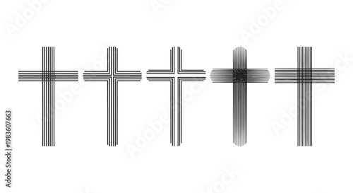 Five different styles of crosses in grey tones, showcasing variations in design and thickness, rendered as graphic elements on a plain background