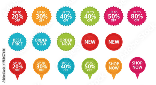 Collection of colorful sale tags and special offer labels featuring discounts like 20%, 30%, 40%, 50%, 80% off, and call-to-action phrases like 'Order Now' and 'Shop Now' for marketing 