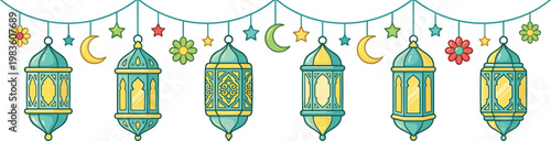 Colorful ramadan lantern garland with crescent moons and floral patterns, perfect for festive decorations, greeting cards, and cultural event promotions in a vibrant flat design style.