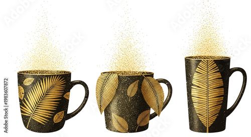 Three decorative coffee cups with golden botanical patterns and steaming aroma, perfect for beverage and lifestyle content