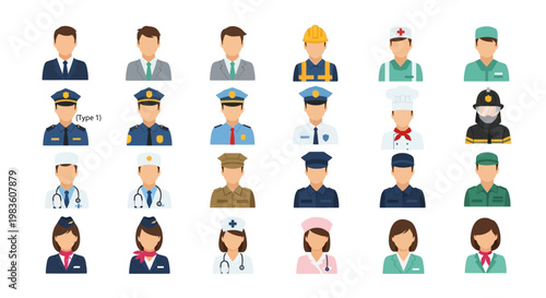 Diverse Professional Avatars Collection Featuring Male and Female Characters Representing Various Occupations and Careers in Flat Design Style
