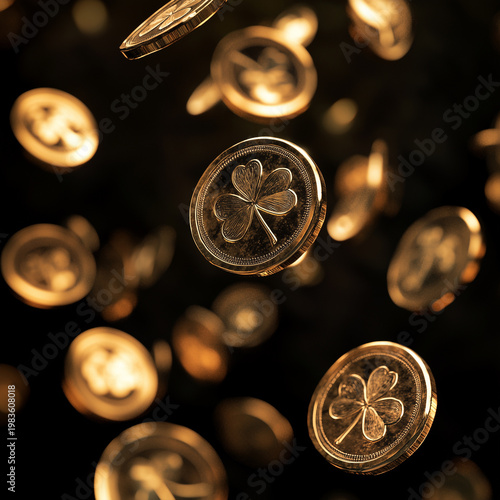 Shiny gold coins with embossed clovers falling against a dark, moody background with warm golden bokeh. Festive image representing luck, wealth, and St. Patrick's Day celebration.