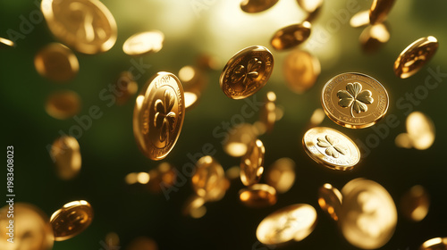 Shiny gold coins with embossed clovers falling against a green bokeh background. Festive and magical atmosphere representing luck, wealth, and St. Patrick's Day celebration.