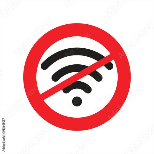 Prohibited sign displaying a crossed-out wireless internet connection icon indicates that internet access is currently unavailable in this specific area.