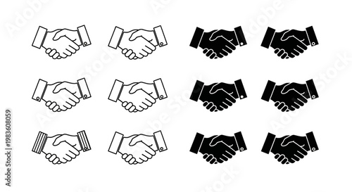 Abstract representation of handshakes illustrating partnership, agreement, and unity, with a pattern of six pairs of hands in black and white