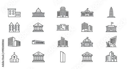 Comprehensive collection of diverse building line icons, illustrating government structures, corporate offices, public institutions, and urban architecture for modern design projects