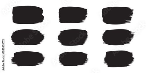 Black grunge paint brush strokes. Textured rectangular banner blocks and ink swatch dividers. Professional vector assets for modern industrial branding.