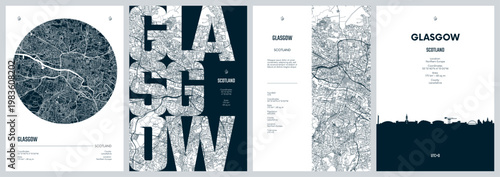 Set of travel posters design with street plan Glasgow the most populous city in Scotland, Silhouette city skyline, vector artwork, Monochrome printable detailed urban city map