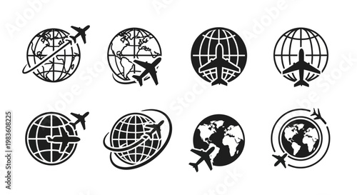 Global Air Travel and Logistics Vector Icons Set Airplanes Circulating the World, Symbolizing International Journey and Worldwide Transportation