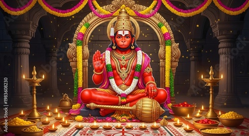 Hanuman hindu god illustration with offerings and diya lamps for hindu festival puja