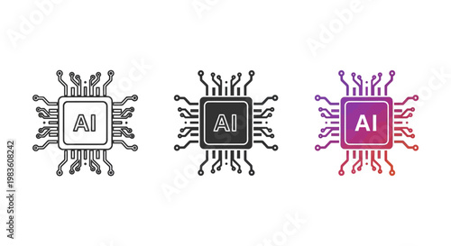 Futuristic artificial intelligence chip icon with intricate circuit connections, symbolizing advanced computing power, data processing, and smart technology innovation