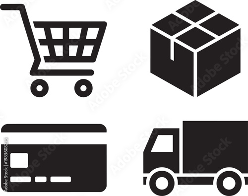 Shopping cart, delivery box, credit card, and truck icons in outline style