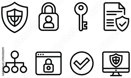 Digital security icons set, digital regulatory space outline vector style with data shield privacy lock encryption key terms document audit trail and secure compliance symbols