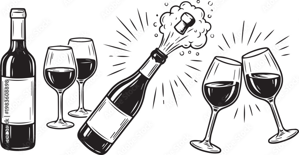 Naklejka premium Black and white illustration of wine bottle glasses and champagne cork popping with bubbles symbolizing toast celebration festivity and hospitality