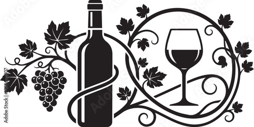 Black and white decorative illustration of wine bottle glass grapes and curling vine leaves symbolizing viticulture winery tasting and hospitality