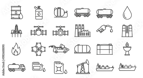 Oil and gas industry icons and symbols representing exploration, production, transportation, and refining processes
