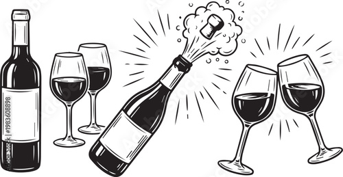 Black and white illustration of wine bottle glasses and champagne cork popping with bubbles symbolizing toast celebration festivity and hospitality