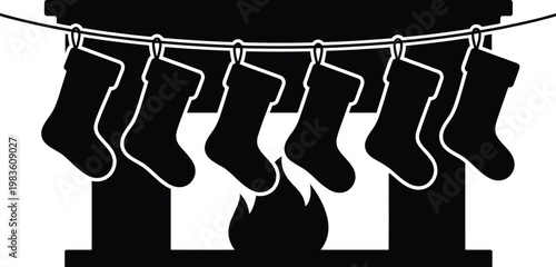 Christmas stocking silhouettes hanging on fireplace mantle vector