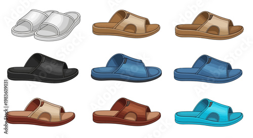 Collection of various colored casual flat slide sandals and slippers for comfortable indoor and outdoor wear, ideal for various leisure activities and relaxation