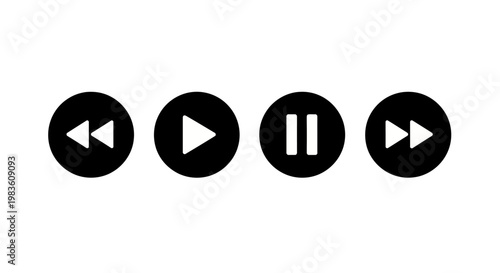 Set of four black circular media playback icons representing rewind, play, pause, and fast-forward functions on a clean white background