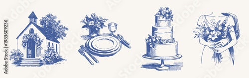 Wedding chapel table setting cake and bride bouquet. Illustrations for invitations and catering design. Hand drawn style sketch captures ceremony place, dishes, and floral details.