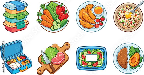 Colorful flat design vector illustration showcasing healthy meal prep, fresh vegetables, fruits, and balanced diet concepts. Ideal for nutrition, wellness, cooking, and lifestyle marketing materials.