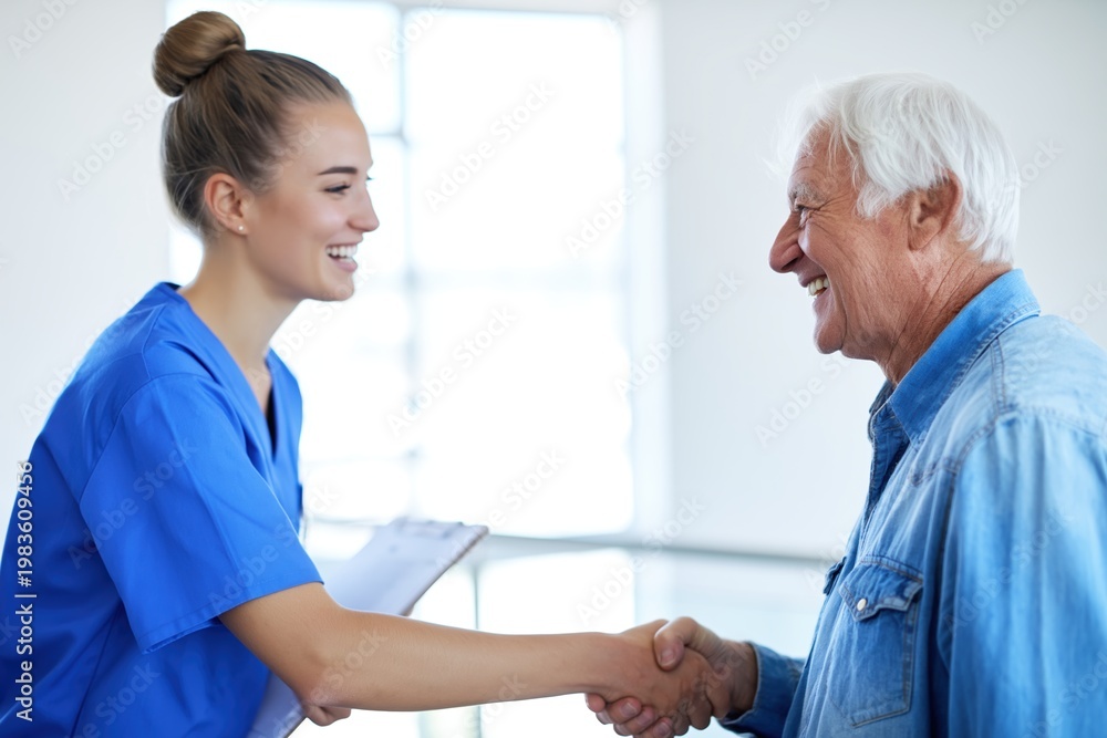 Obraz premium Young Female Nurse Shaking Hands with a Senior Male Patient