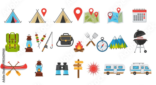 Collection of camping and outdoor activity icons including tents, backpacks, maps, compasses, campfires, and grills