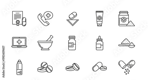 Comprehensive vector line icon set representing pharmaceutical products, medical care, and health services