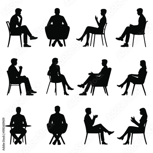 Set of people silhouettes vector icons including men women children family couples business dance sport fitness shopping and fashion figures in black pictogram style