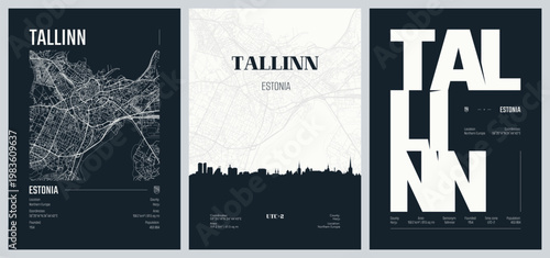 Set of travel posters with Tallinn, detailed urban street plan city map, Silhouette city skyline, vector artwork, set 2
