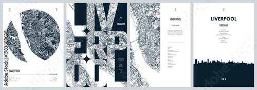 Konstfotografi Set of travel posters with Liverpool, detailed urban street plan city map, Silho