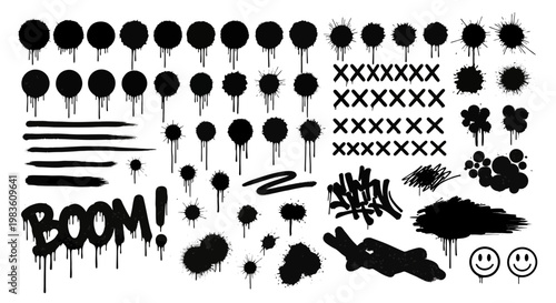 Dynamic collection of black spray paint design elements, featuring graffiti drips, messy splatters, grunge textures, abstract marks, and urban street art effects for creative projects