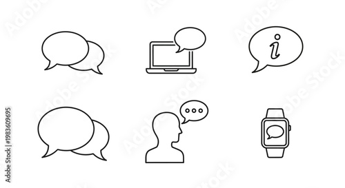Collection of modern communication technology line art icons illustrating messaging, information exchange, and dialogue across various digital platforms